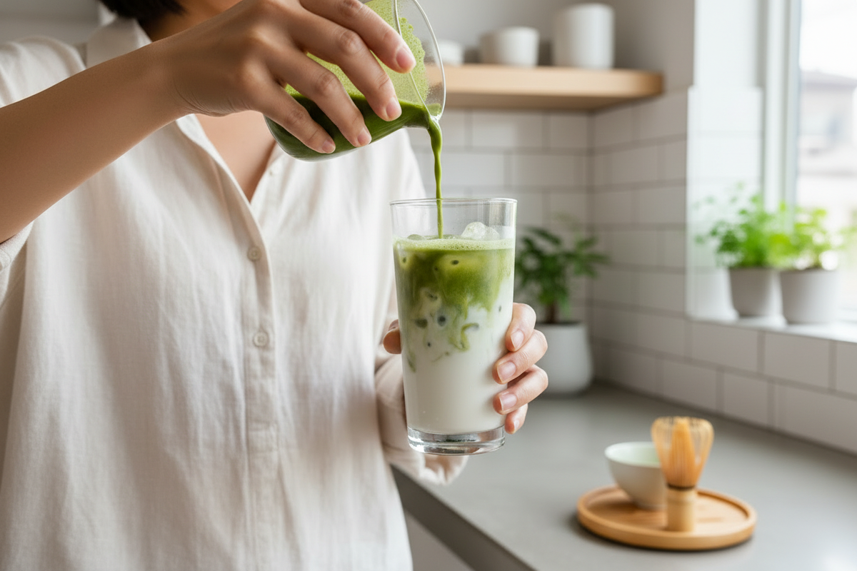 Iced matcha in kitchen horizontal